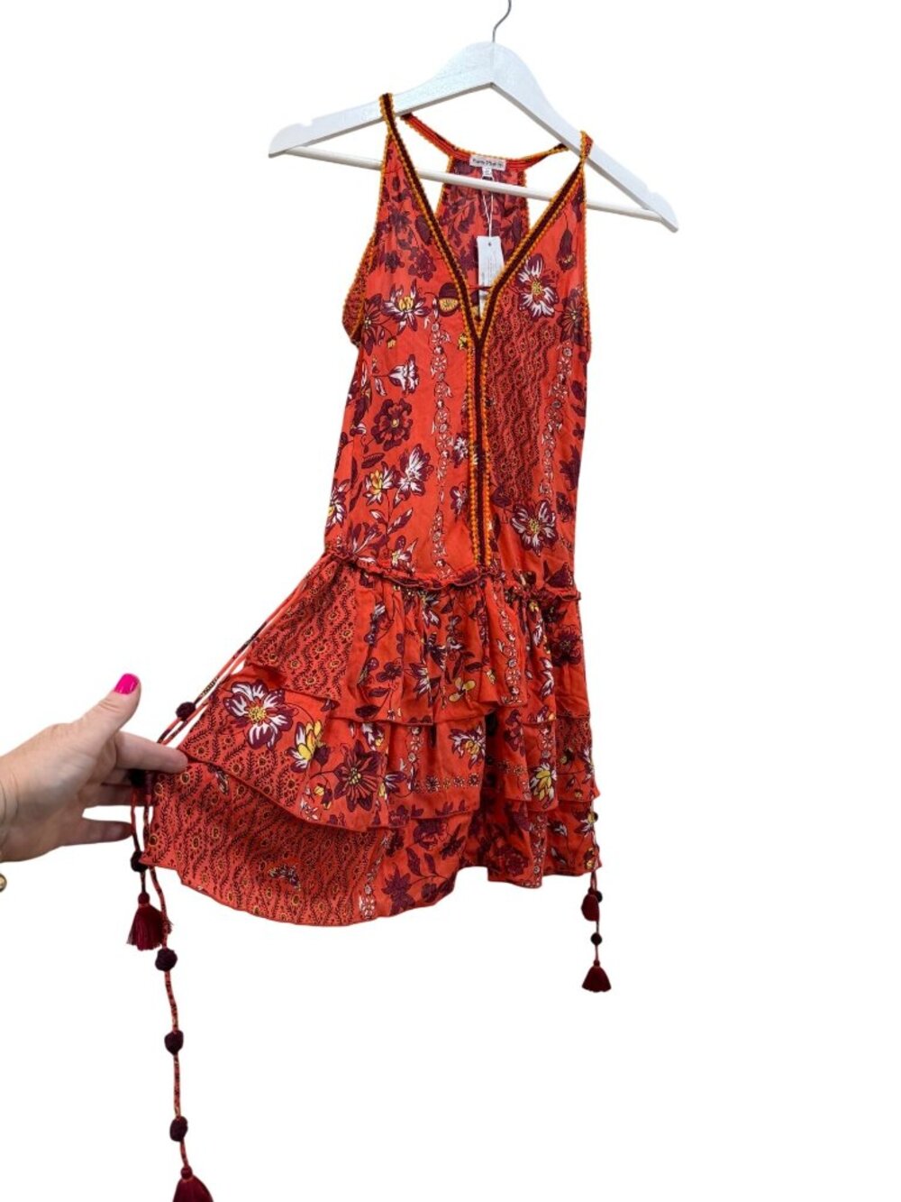 Poupette St Barth Red Botanical Floral Boho Chic Resort Handmade XS NWT